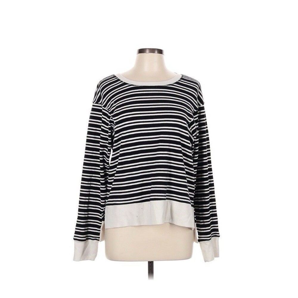 Maeve Anthropologie Top Womens Sz L Black Cream Striped Ribbed Coastal Sweater